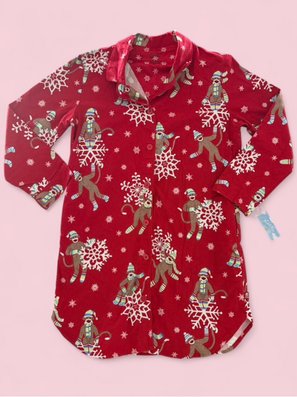 NWT Nick & Nora Sock Monkey Christmas Red Flannel Nightgown XL Long Sleeve